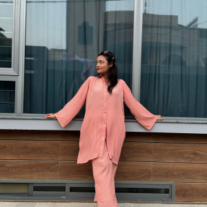 Pink crinkle silk cordset